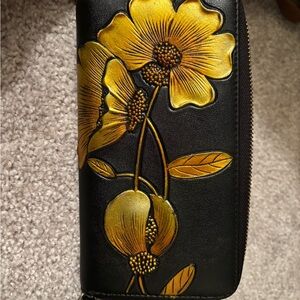 Floral Embossed Black and Gold Wallet